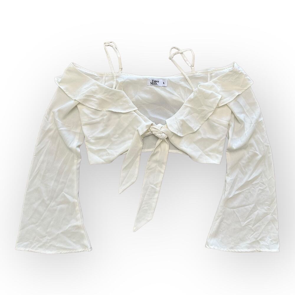 Tiger Mist White Ruffled Cold Shoulder‎ Tie Front Flare Sleeve Crop Top Size L